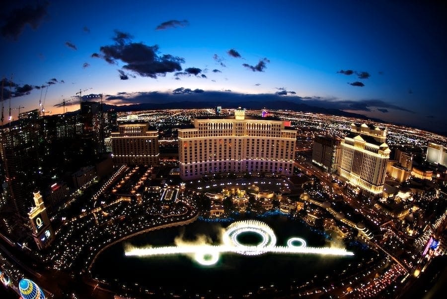 Twilight view of fountains in Lake Bellagio, Las Vegas