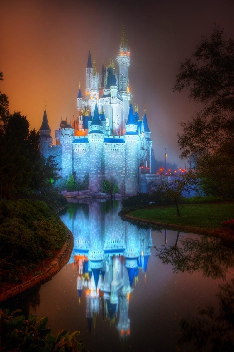 Cinderella's Castle at sunrise in the fog