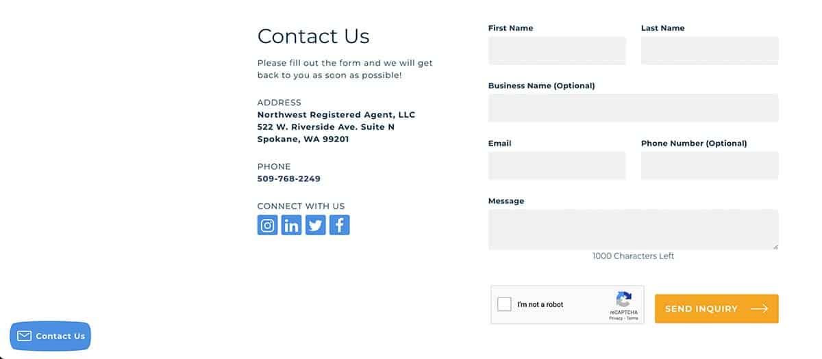 Northwest Registered Agent Review - Contact Form
